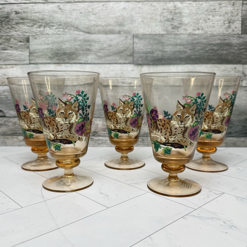 Anthropologie Nathalie Lete Lynx Glass Water Goblet Peach 11 Oz - Set Of 5